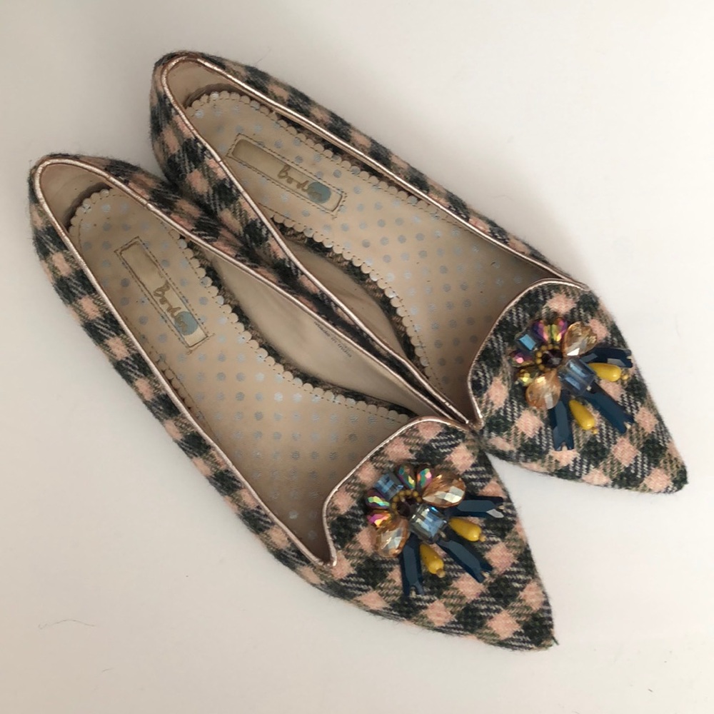Boden Wool Plaid Jewelled Embellished Flats 42